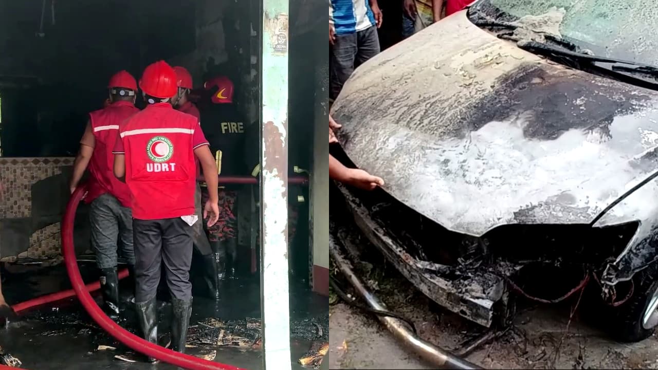 শেরপুরে আগুনে পুড়ল ৪ প্রতিষ্ঠান ও প্রাইভেটকার