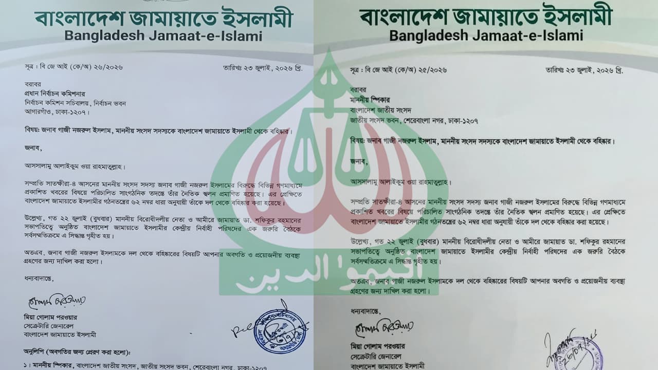 নজরুলের এমপি পদ বাতিলে স্পিকার ও ইসিকে দেওয়া চিঠিতে যা আছে