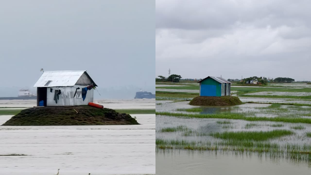 জেগে ওঠা চরে দখলের ছক, উঠছে সারি সারি ঝুপড়ি ঘর