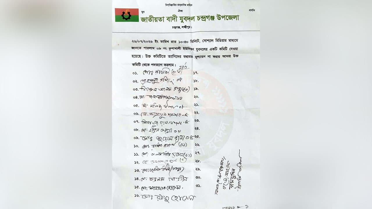 কুশাখালী ইউনিয়ন যুবদলের নতুন কমিটিতে সংঘাত, ১৬ নেতার পদত্যাগ