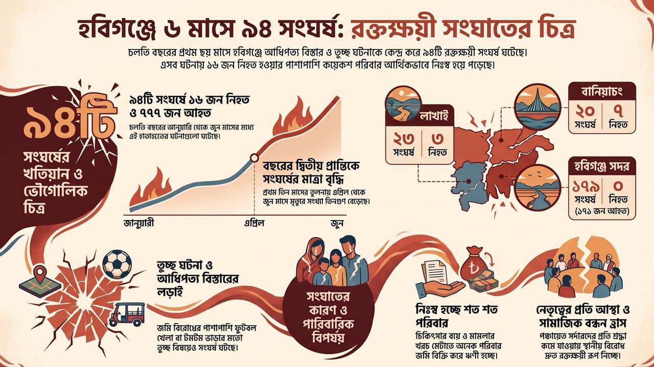 হবিগঞ্জে ছয় মাসে ৯৪টি সংঘর্ষ, প্রাণহানি ১৬