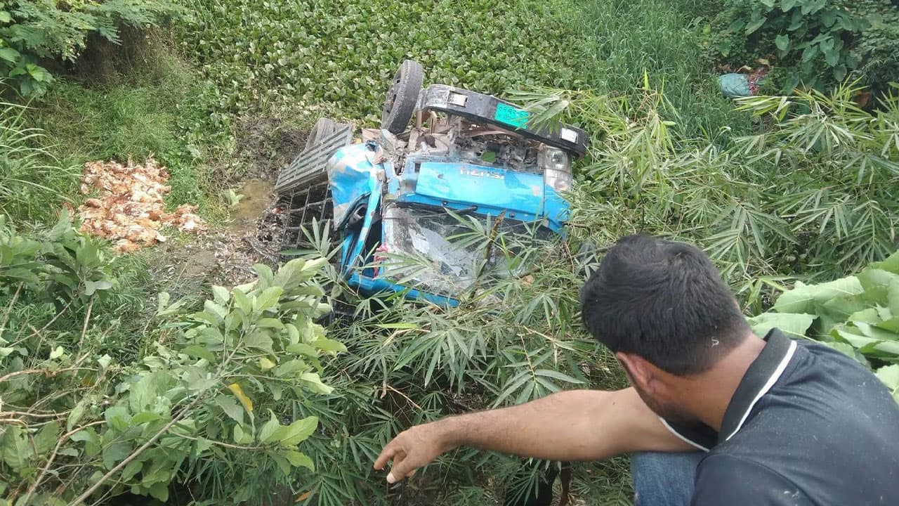 ফুলগাজীতে ব্রিজের রেলিং ভেঙে নিচে পড়ল মুরগিবোঝাই পিকআপ