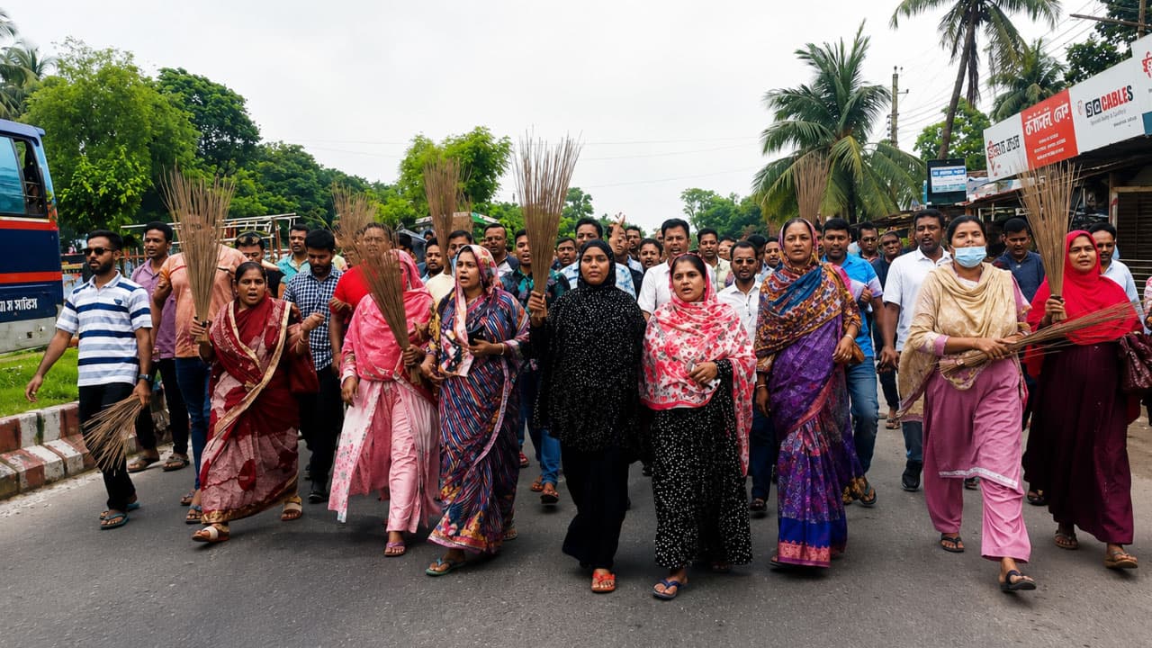 গোয়ালন্দে সাবেক ইউএনওর বিরুদ্ধে নিয়োগ অনিয়মের প্রতিবাদে ঝাড়ু মিছিল