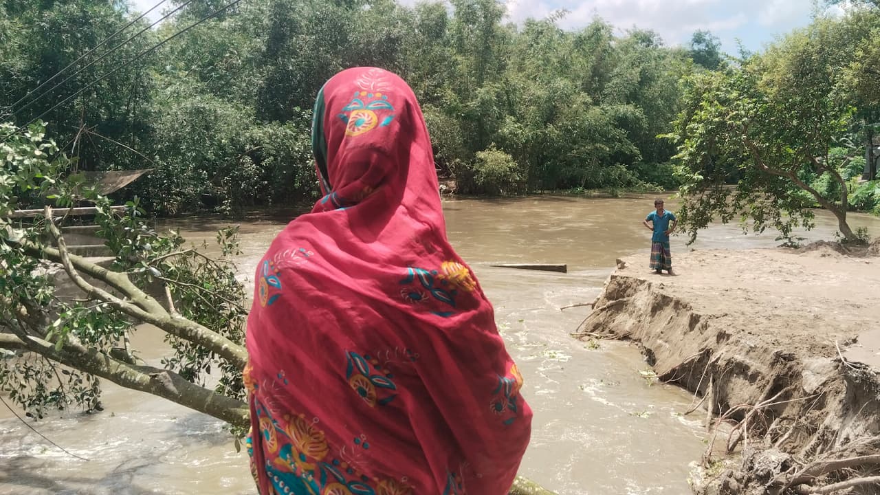 স্লুইসগেট ধসের পর নদীগর্ভে বিলীন হালিমার বসতভিটা