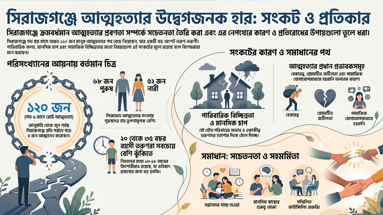 সিরাজগঞ্জে ছয় মাসে ১২০ জনের আত্মহত্যা, শীর্ষে তরুণ-তরুণীরা