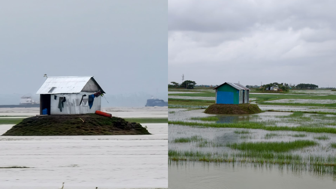 জেগে ওঠা চরে দখলের ছক, উঠছে সারি সারি ঝুপড়ি ঘর