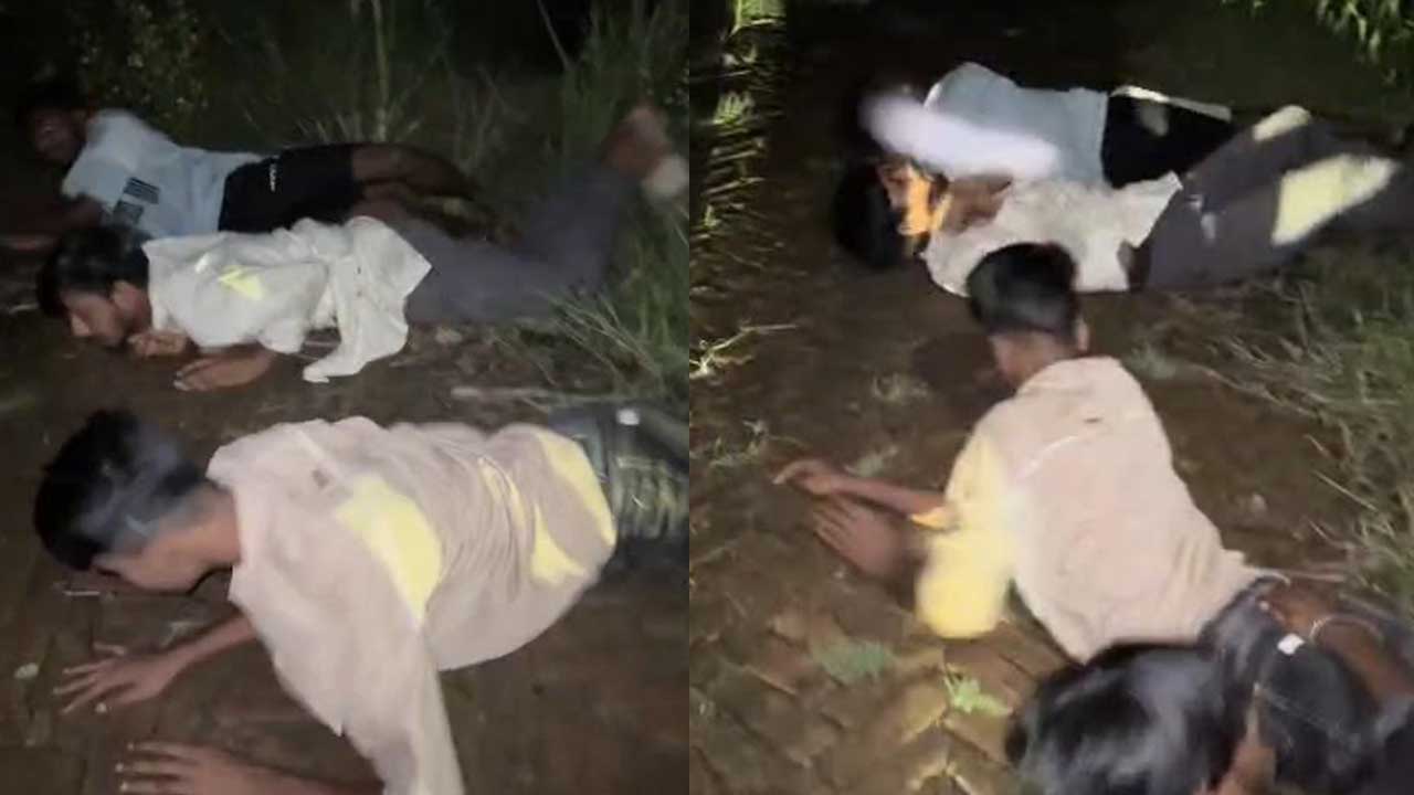 গাঁজা সেবনে দোষী তরুণদের মাটিতে গড়িয়ে শাস্তি দিল পুলিশ