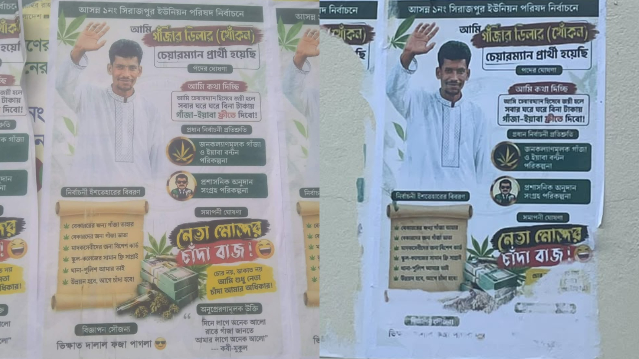 যুবদল নেতার নামে পোস্টার/‘চেয়ারম্যান হলে ঘরে ঘরে ফ্রিতে গাঁজা-ইয়াবা দেব’